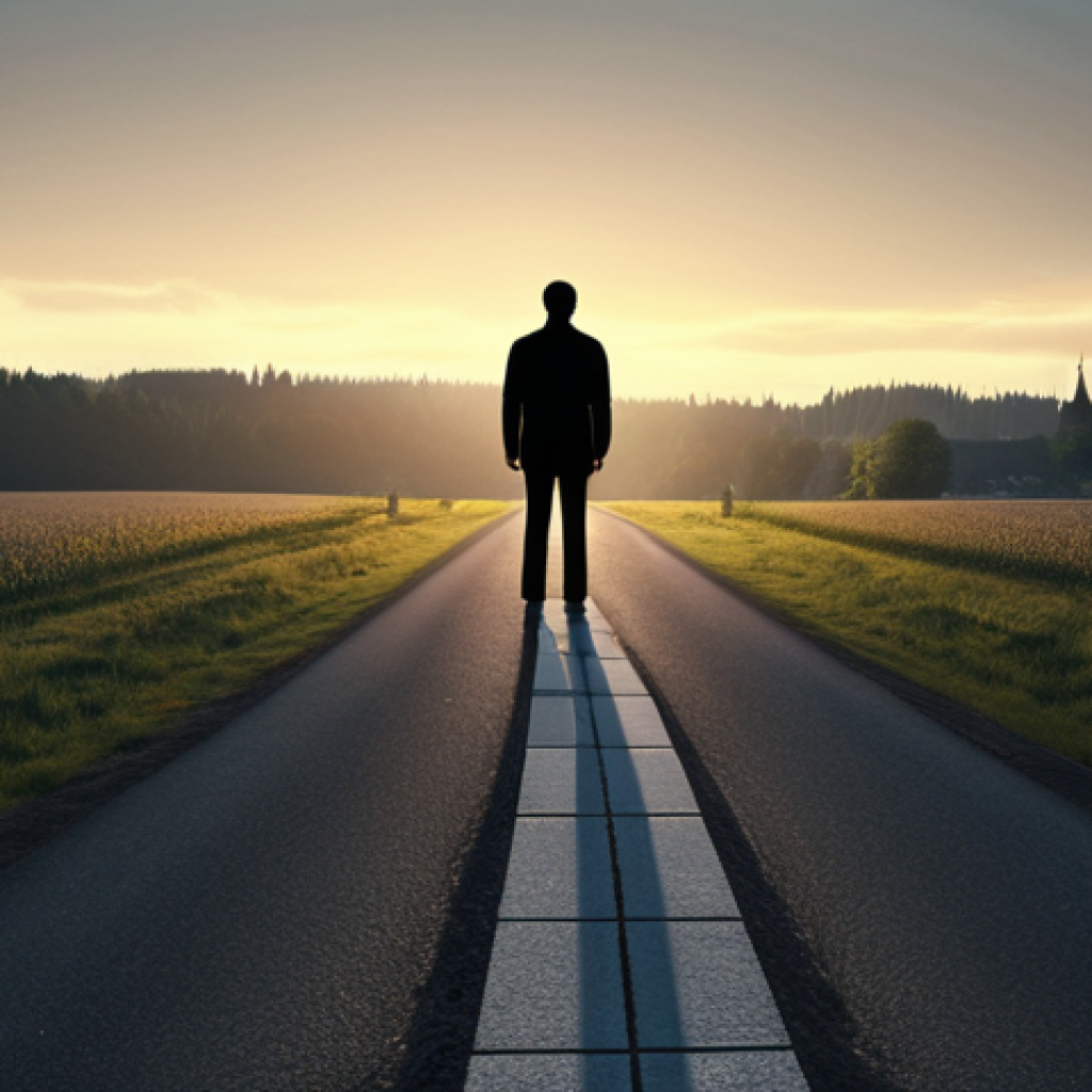 A person standing at a crossroads, symbolizing the difficult choice between loyalty to a friend and their own ethical principles. In the background, one path is brightly lit, representing the easier choice, while the other path is dark and uncertain, representing the path of integrity. The overall style should be realistic with a touch of dramatic lighting to emphasize the weight of the decision. The scene is set in a modern German city, with subtle architectural cues.