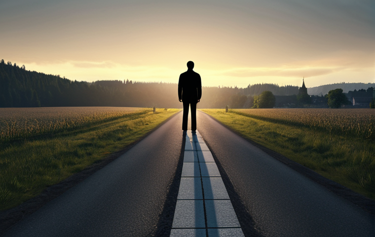 A person standing at a crossroads, symbolizing the difficult choice between loyalty to a friend and their own ethical principles. In the background, one path is brightly lit, representing the easier choice, while the other path is dark and uncertain, representing the path of integrity. The overall style should be realistic with a touch of dramatic lighting to emphasize the weight of the decision. The scene is set in a modern German city, with subtle architectural cues.