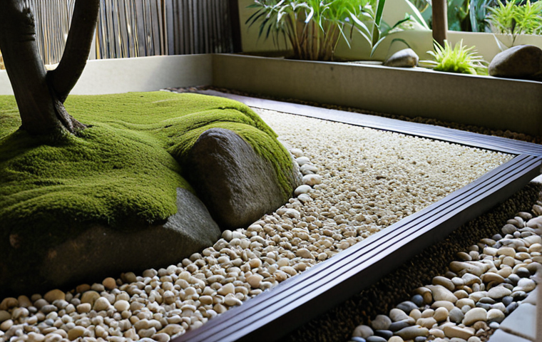 ** A serene Zen garden with meticulously raked gravel, carefully placed stones, and a small patch of moss. The overall impression should be one of peace, tranquility, and minimalist beauty. Focus on soft lighting and natural textures.
**