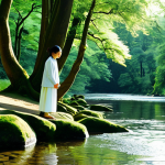 A serene individual, fully clothed in modest, comfortable attire made of natural linen, stands peacefully by a gently flowing river in a lush, verdant forest. Dappled sunlight filters through ancient trees, illuminating moss-covered rocks. The person's posture is relaxed and natural, embodying effortless grace and inner calm, reflecting the principle of Wu Wei. The atmosphere is tranquil and balanced. Perfect anatomy, correct proportions, well-formed hands, natural body proportions, natural pose. Professional photography, high quality, safe for work, appropriate content, fully clothed, family-friendly.