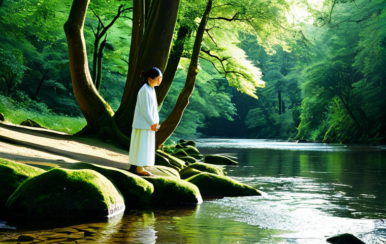 A serene individual, fully clothed in modest, comfortable attire made of natural linen, stands peacefully by a gently flowing river in a lush, verdant forest. Dappled sunlight filters through ancient trees, illuminating moss-covered rocks. The person's posture is relaxed and natural, embodying effortless grace and inner calm, reflecting the principle of Wu Wei. The atmosphere is tranquil and balanced. Perfect anatomy, correct proportions, well-formed hands, natural body proportions, natural pose. Professional photography, high quality, safe for work, appropriate content, fully clothed, family-friendly.