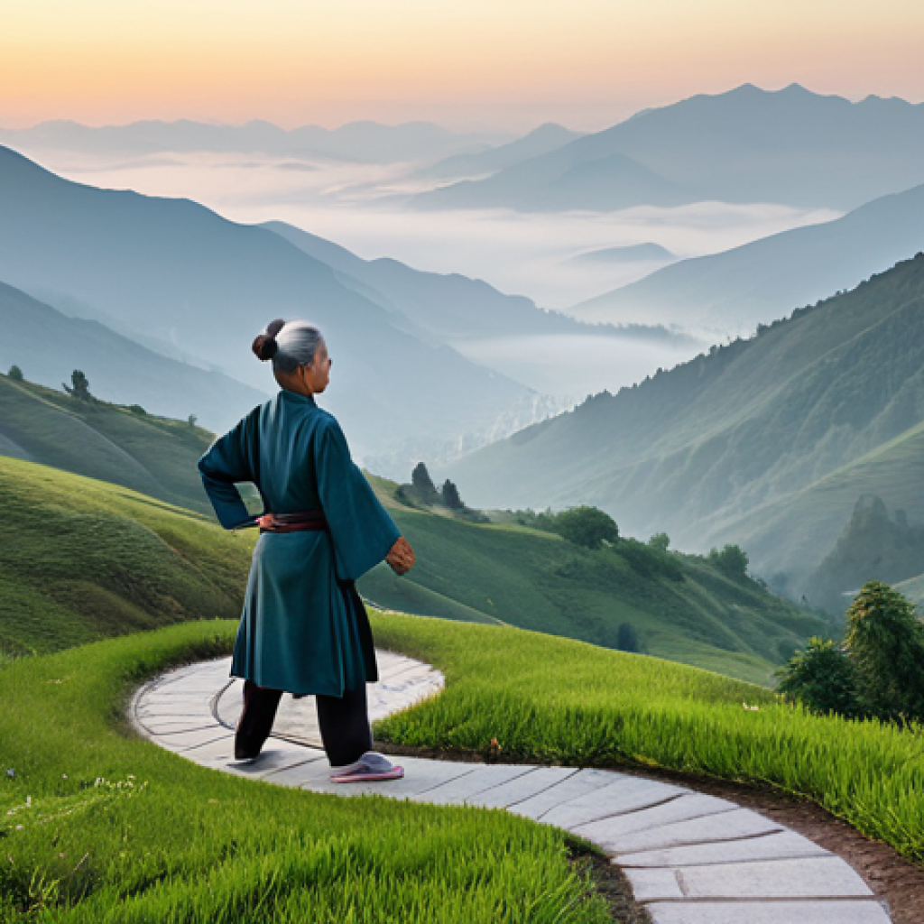 **

A serene landscape featuring a winding mountain path overlooking a misty valley at sunrise. A lone figure, a mature woman with kind eyes and grey hair pulled back in a bun, is practicing Tai Chi in loose, comfortable, earth-toned clothing. The scene evokes peace and tranquility, emphasizing the connection between humanity and nature.  Appropriate attire, fully clothed, safe for work, professional photography, natural proportions, perfect anatomy, family-friendly.

**