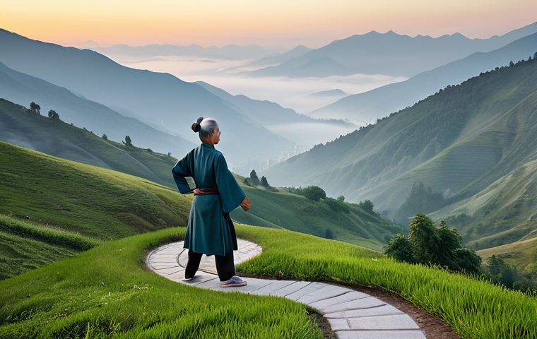 **
A serene landscape featuring a winding mountain path overlooking a misty valley at sunrise. A lone figure, a mature woman with kind eyes and grey hair pulled back in a bun, is practicing Tai Chi in loose, comfortable, earth-toned clothing. The scene evokes peace and tranquility, emphasizing the connection between humanity and nature. Appropriate attire, fully clothed, safe for work, professional photography, natural proportions, perfect anatomy, family-friendly.
**