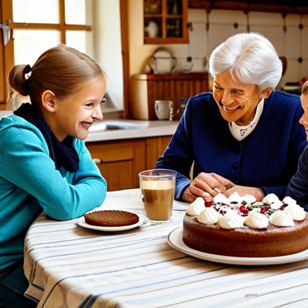 Family Harmony**

"A multi-generational German family gathered around a wooden table in a cozy Bavarian-style kitchen, fully clothed, enjoying a traditional 'Kaffee und Kuchen' (coffee and cake) afternoon. The grandmother is smiling warmly, the children are engaged in conversation, and the parents are looking on with pride.  Warm lighting, safe for work, appropriate content, family-friendly, professional photography, perfect anatomy, correct proportions, well-formed hands, natural pose, modest clothing."

**