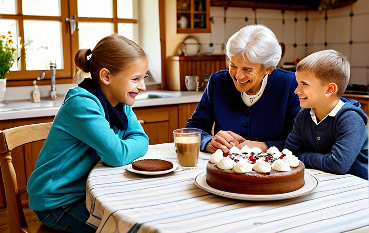 Family Harmony**

"A multi-generational German family gathered around a wooden table in a cozy Bavarian-style kitchen, fully clothed, enjoying a traditional 'Kaffee und Kuchen' (coffee and cake) afternoon. The grandmother is smiling warmly, the children are engaged in conversation, and the parents are looking on with pride.  Warm lighting, safe for work, appropriate content, family-friendly, professional photography, perfect anatomy, correct proportions, well-formed hands, natural pose, modest clothing."

**