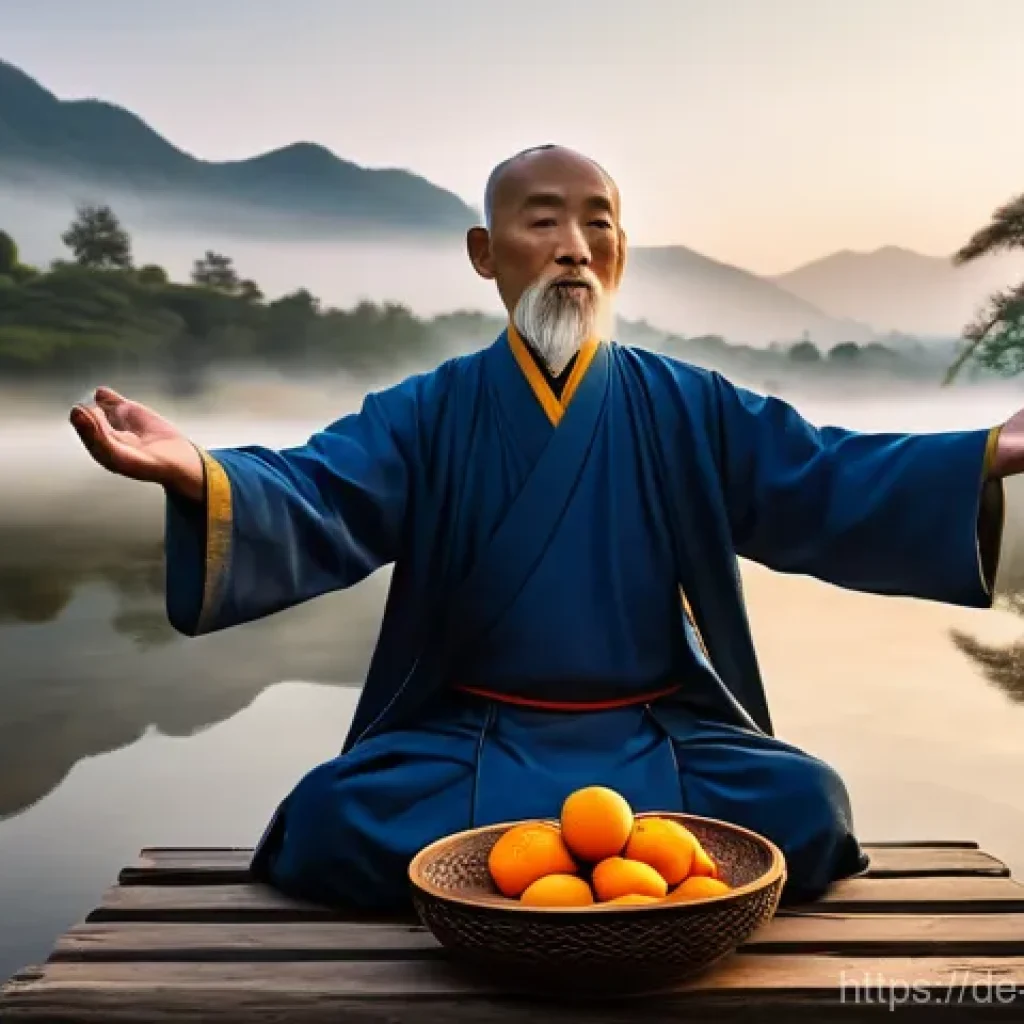 도교 의식과 제사 - **A Serene Outdoor Taoist Ritual at Dawn:**
    A male Taoist master, aged around 50-60, stands calm...