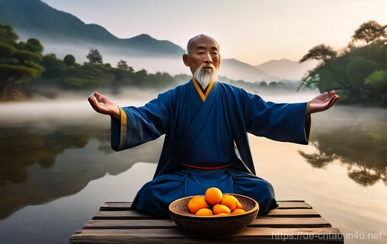 도교 의식과 제사 - **A Serene Outdoor Taoist Ritual at Dawn:**
A male Taoist master, aged around 50-60, stands calm...
