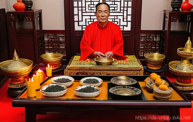 도교 의식과 제사 - **A Serene Outdoor Taoist Ritual at Dawn:**
    A male Taoist master, aged around 50-60, stands calm...