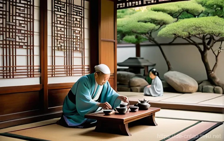 유교와 이슬람교 비교 - **Prompt:** A serene, multi-generational East Asian family scene set in a traditional, sun-dappled g...