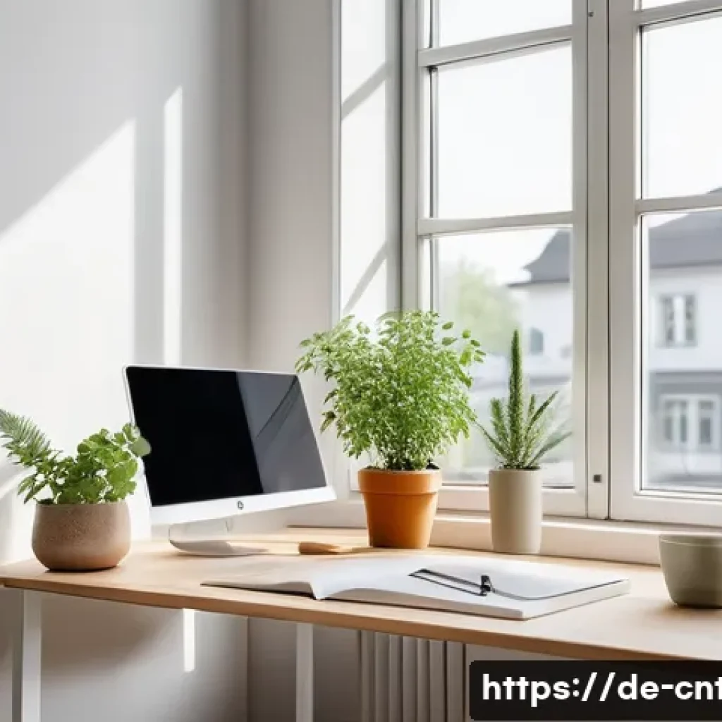 중용 해석 - A serene modern home office scene in a bright, minimalist German apartment, featuring a young profes...
