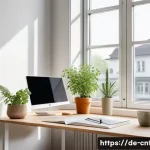 Home 13 중용 해석 - A serene modern home office scene in a bright, minimalist German apartment, featuring a young profes...
