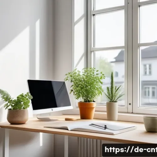 Home 7 중용 해석 - A serene modern home office scene in a bright, minimalist German apartment, featuring a young profes...