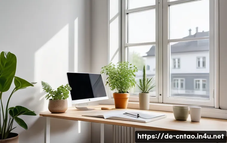 중용 해석 - A serene modern home office scene in a bright, minimalist German apartment, featuring a young profes...