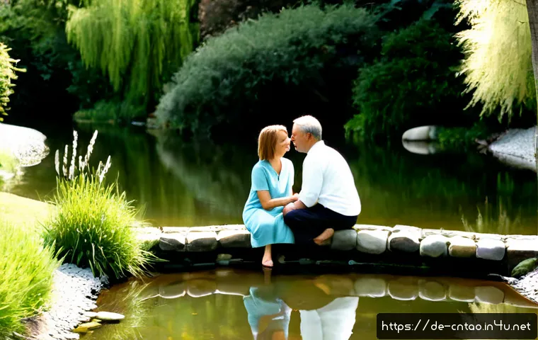Home 26 도교의 사랑과 관계 - Photorealistic German couple in their late 40s sharing a calm, attentive conversation beside a small...